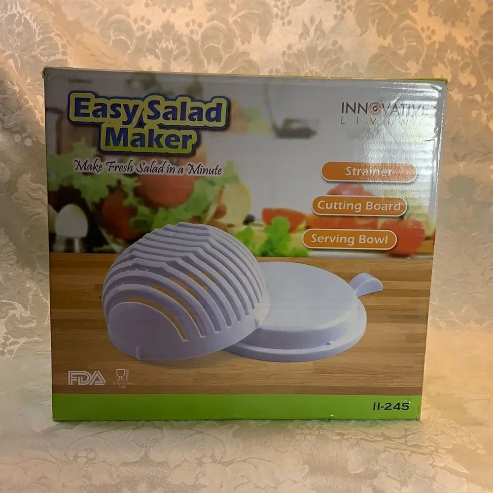 Easy Salad Maker Fresh Salad In A Minute Strainer Cutting Board Serving Bowl NEW
